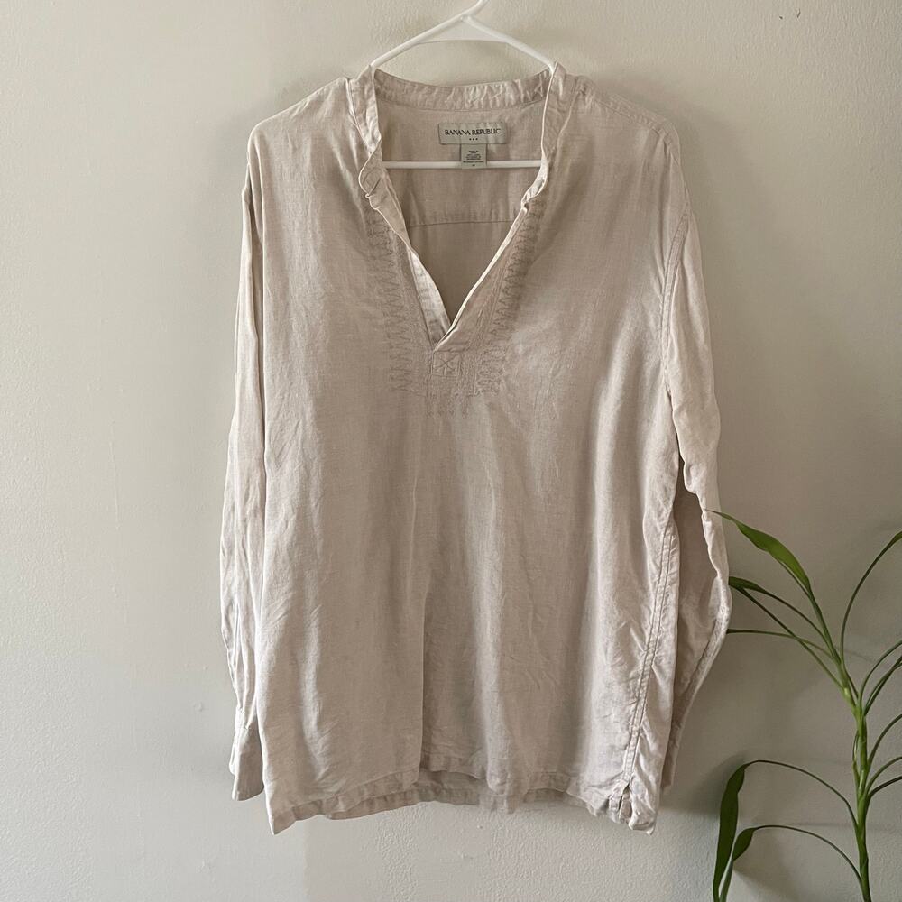 Banana Republic Tan Natural 100% Linen Embroidered Tunic Blouse Womens Medium M